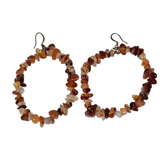 Boho Natural Stone Chip Beaded Hoop Earrings Earthy Chunky Fashion Jewelry Women - Picture 1 of 3